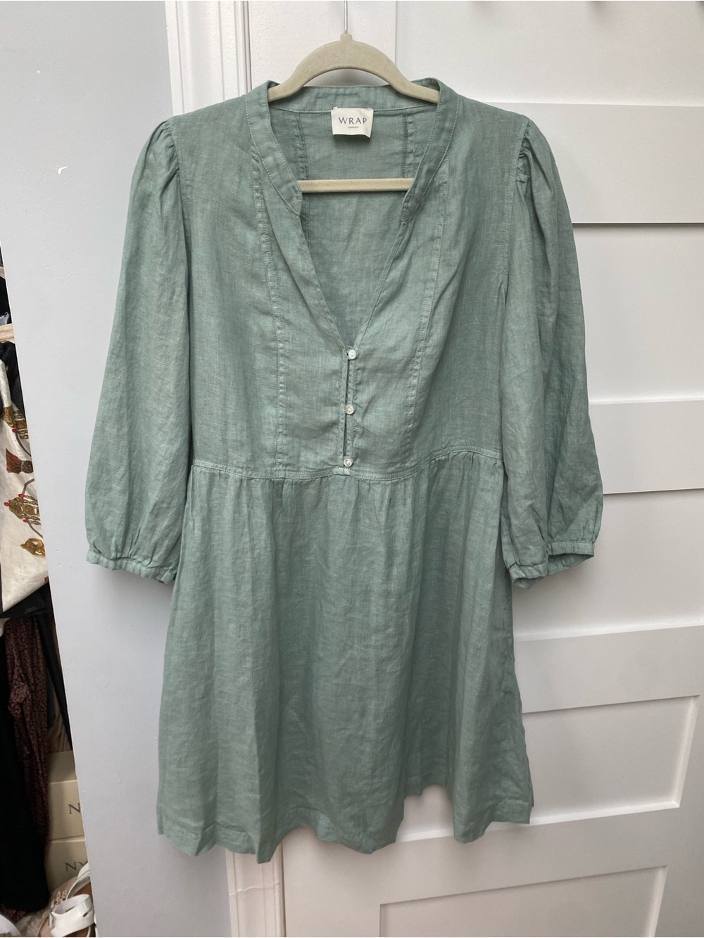 Wrap London Sage Green V-Neck Midi Dress with Puff Sleeves - Picture 2 of 8